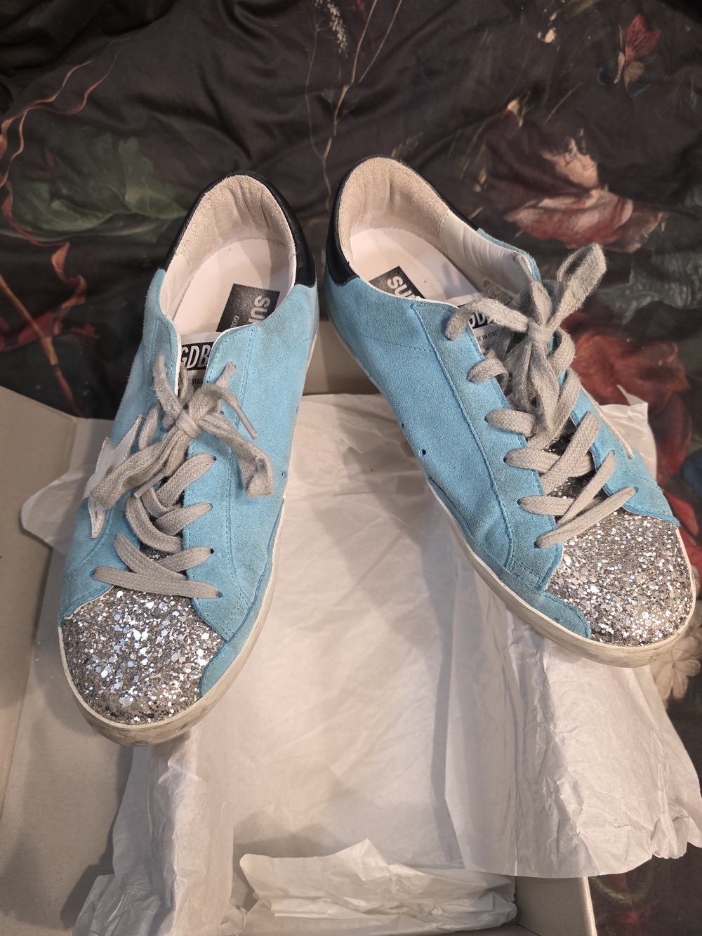 Golden Goose Light Blue Suede Sneakers with Silver Glitter Toe